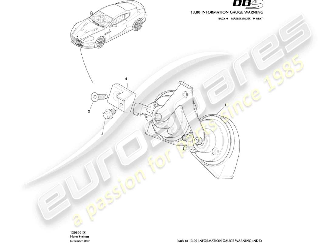 aston martin dbs (2007) teilediagramm des hupensystems