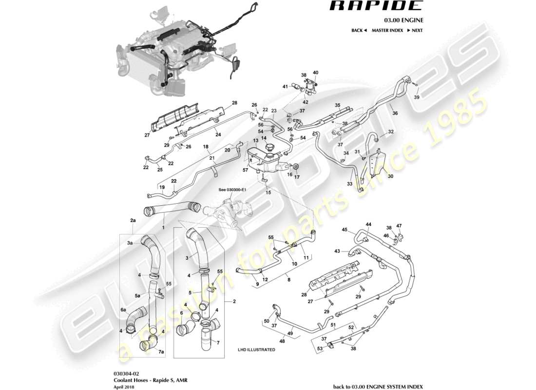 aston martin rapide (2011) teilediagramm für kühlmittelbehälter und schläuche