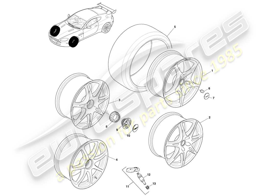 aston martin v8 vantage (2007) vorderräder und reifen, gt8 ersatzteildiagramm