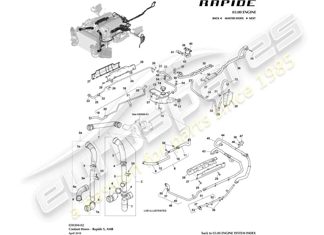 aston martin rapide (2014) teilediagramm für kühlmittelbehälter und schläuche