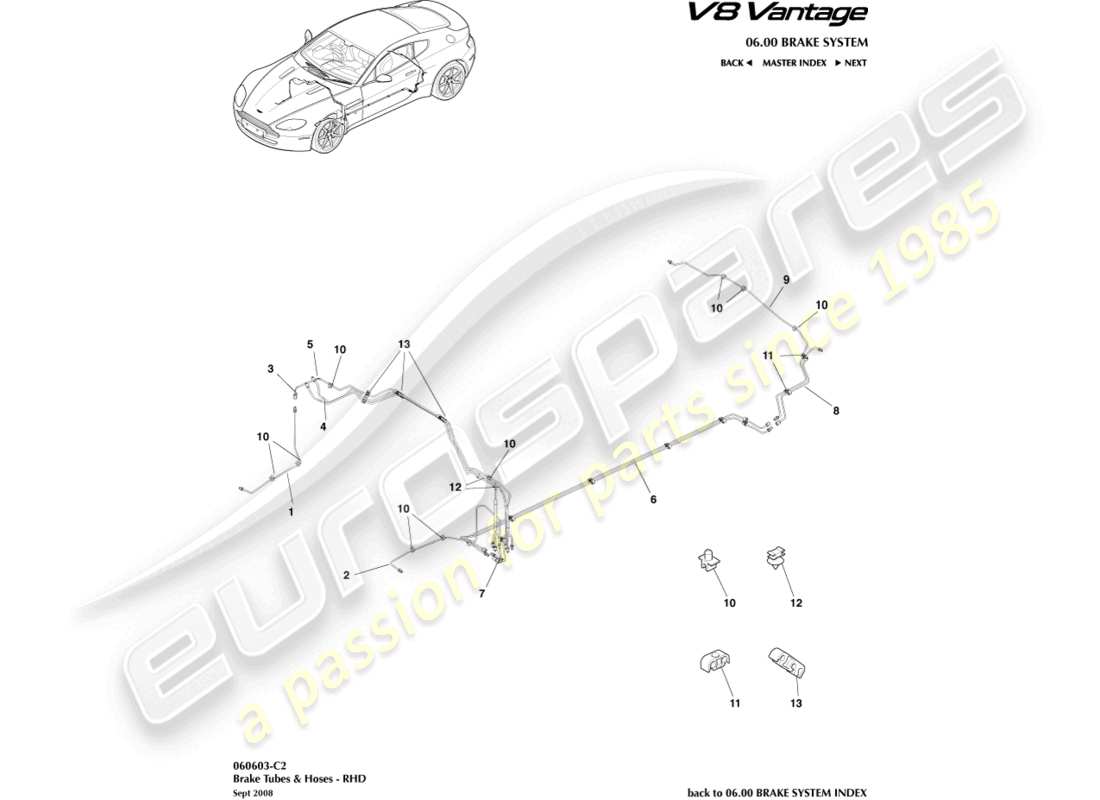 aston martin v8 vantage (2013) bremsleitungen und -schläuche, rhd-ersatzteildiagramm