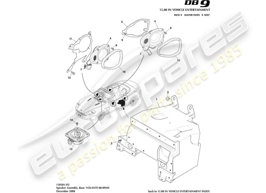 aston martin db9 (2012) lautsprecher, sockel, volante-teilediagramm