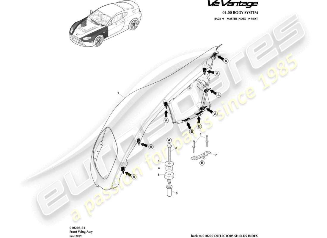 aston martin v12 vantage (2010) teilediagramm der frontkotflügelbaugruppe