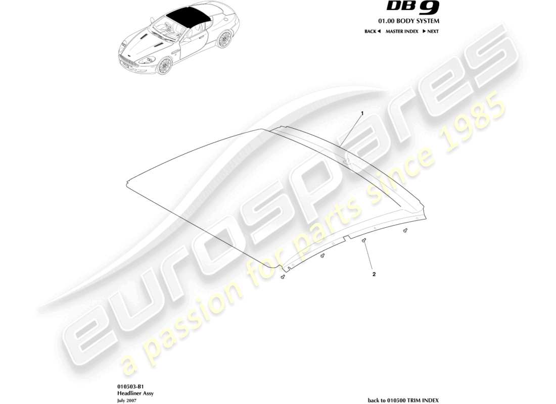 aston martin db9 (2005) teilediagramm für dachhimmelbaugruppe