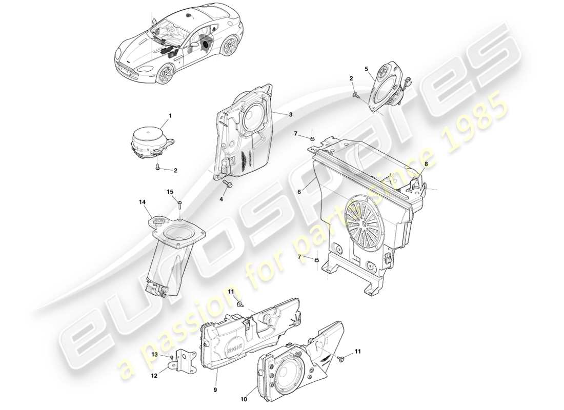aston martin v8 vantage (2005) lautsprecher, b&o-teilediagramm