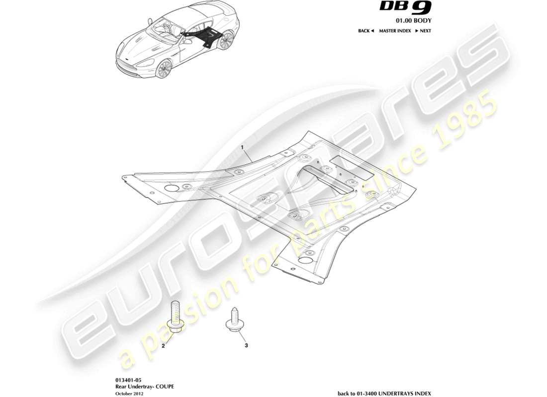 aston martin db9 (2013) teilediagramm für die hintere unterbodenabdeckung, coupé