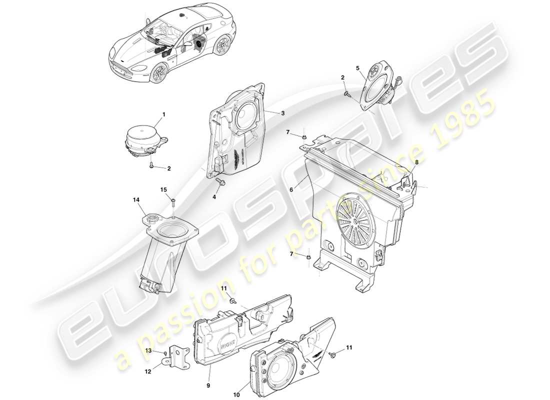 aston martin v8 vantage (2007) lautsprecher, b&o-teilediagramm