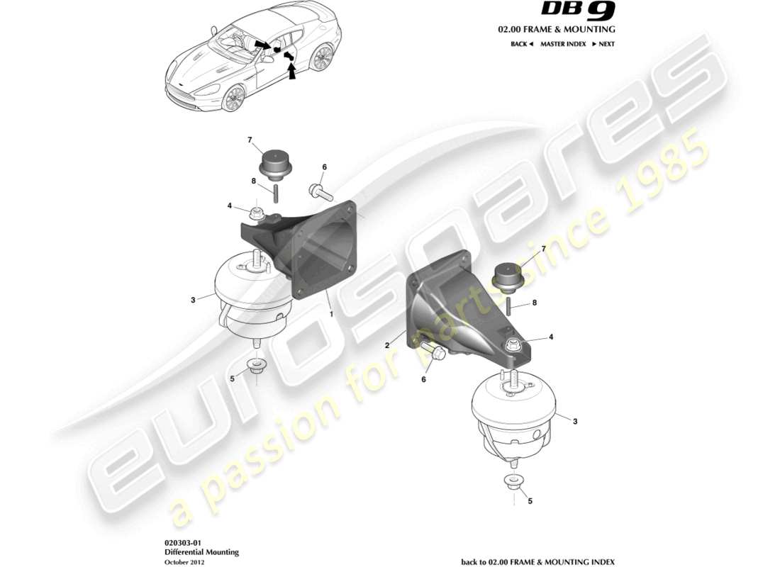 aston martin db9 (2015) teilediagramm für antriebsstrangaufhängungen