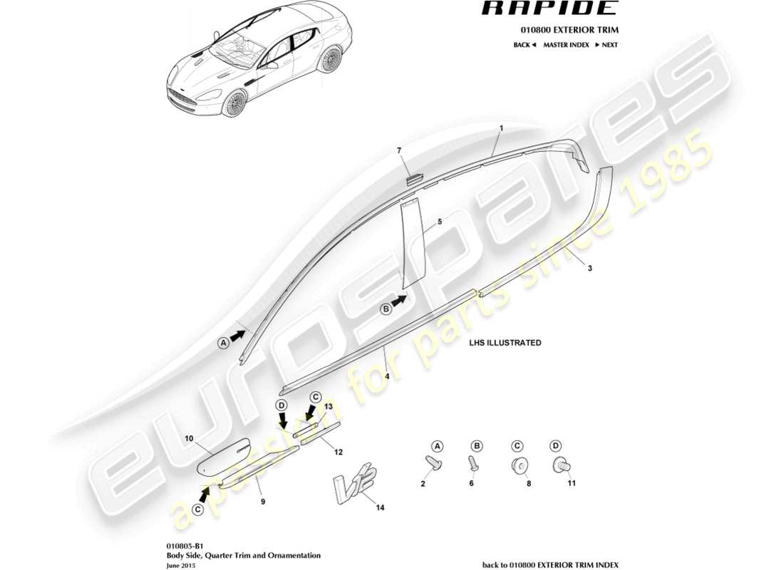 aston martin rapide (2014) teilediagramm für die seitenverkleidung der karosserie