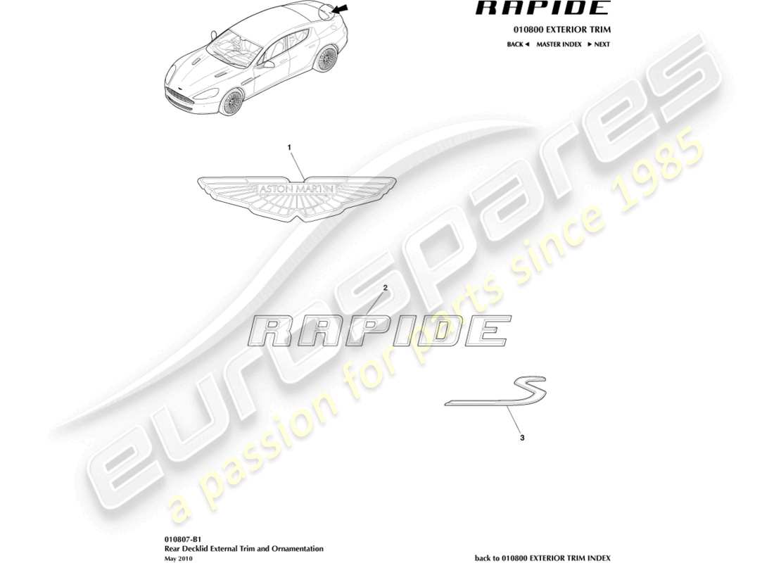 aston martin rapide (2014) abzeichen-teilediagramm