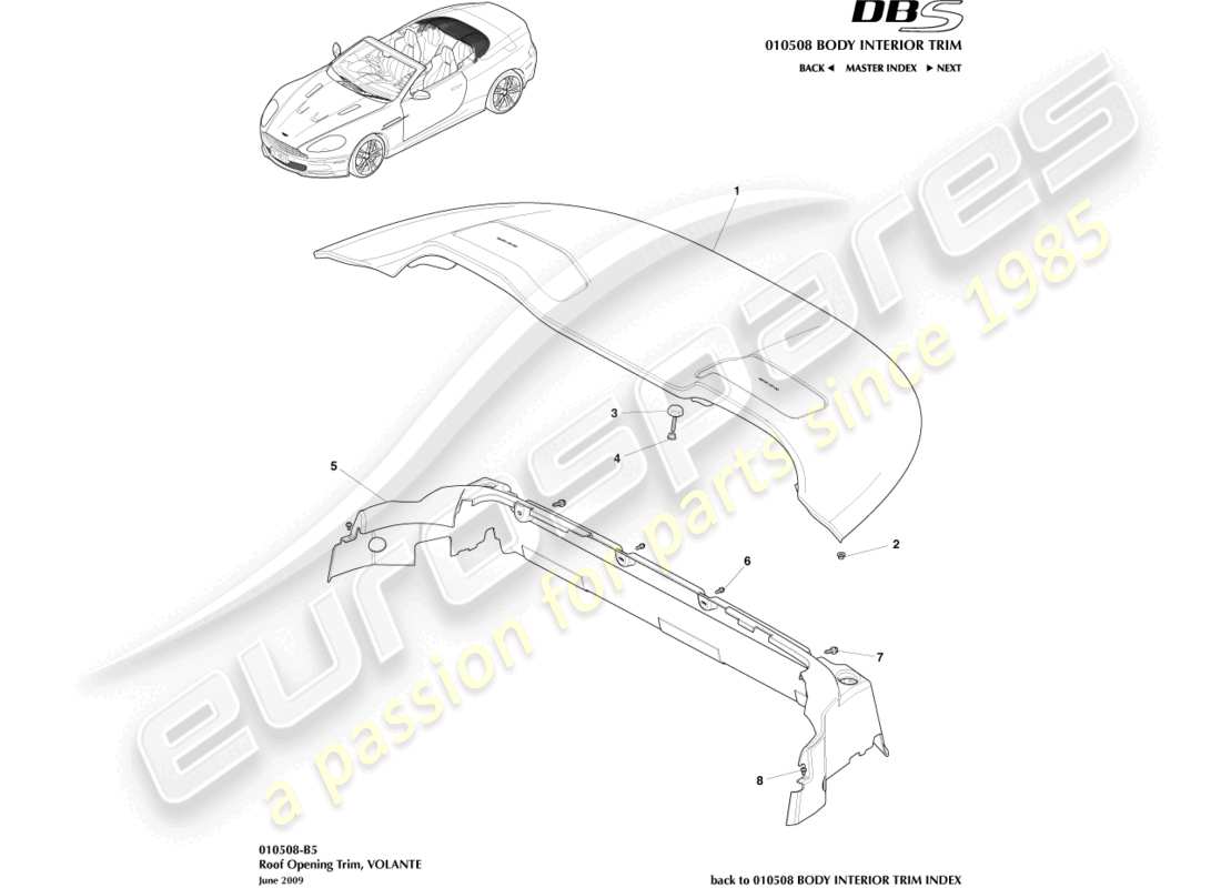 aston martin dbs (2012) teilediagramm für dachöffnungsverkleidung