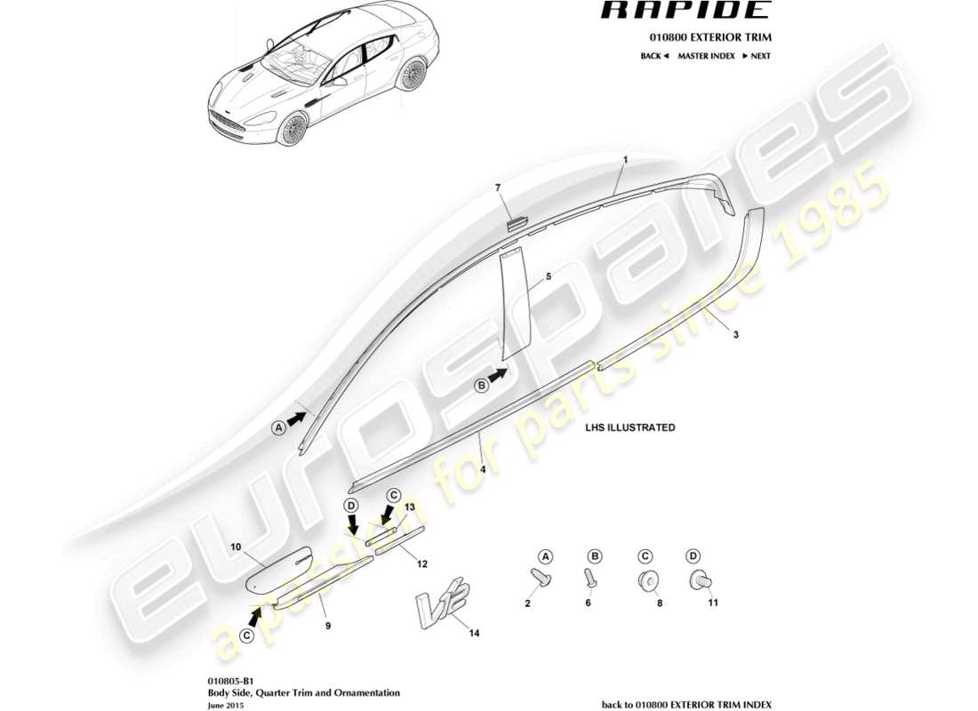 aston martin rapide (2011) teilediagramm für die seitenverkleidung der karosserie