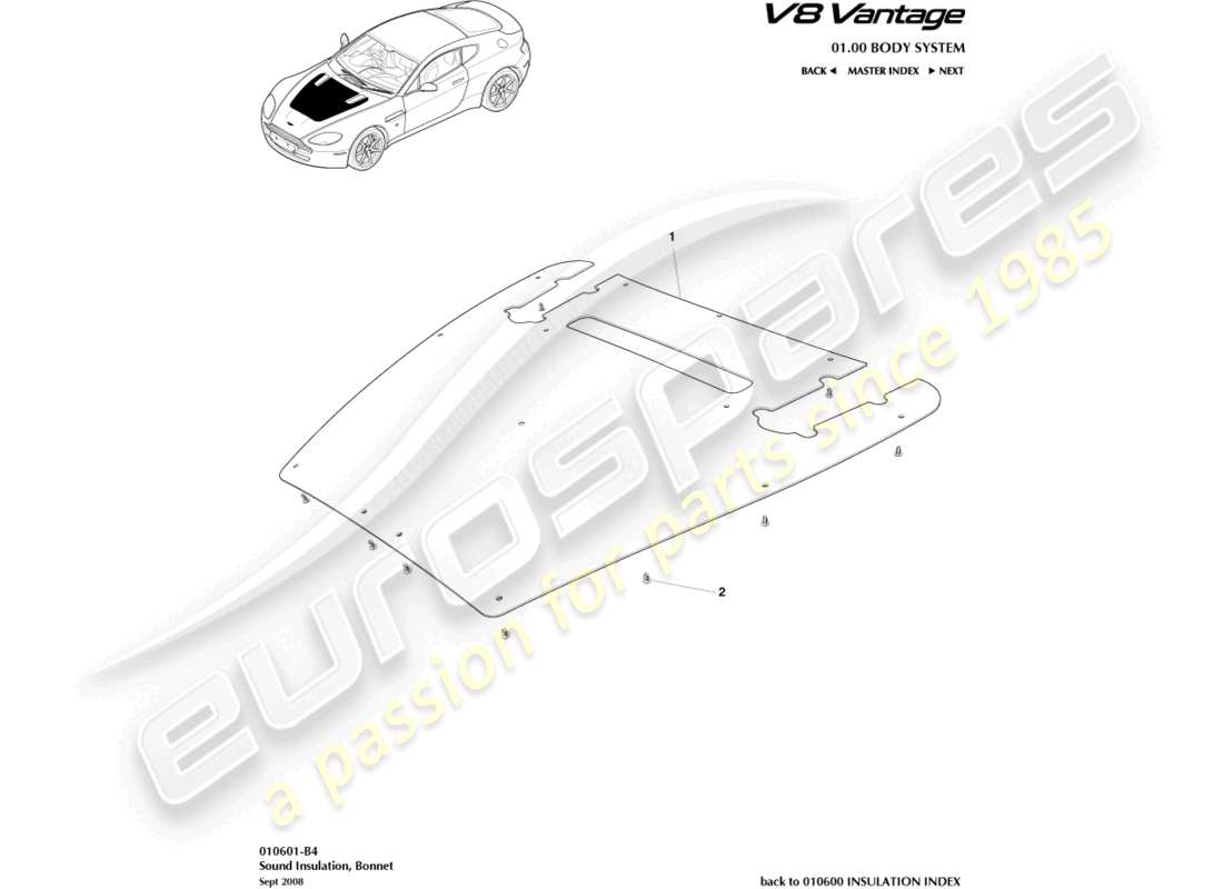aston martin v8 vantage (2018) schalldämmung, motorteildiagramm