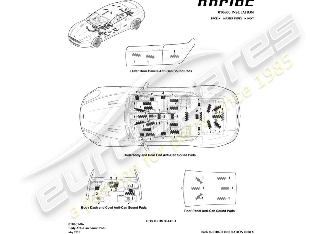 aston martin rapide (2011) teilediagramm für anti-can-sound-pads