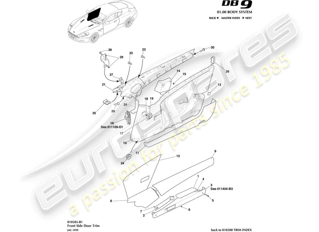 aston martin db9 (2006) teilediagramm für türverkleidung