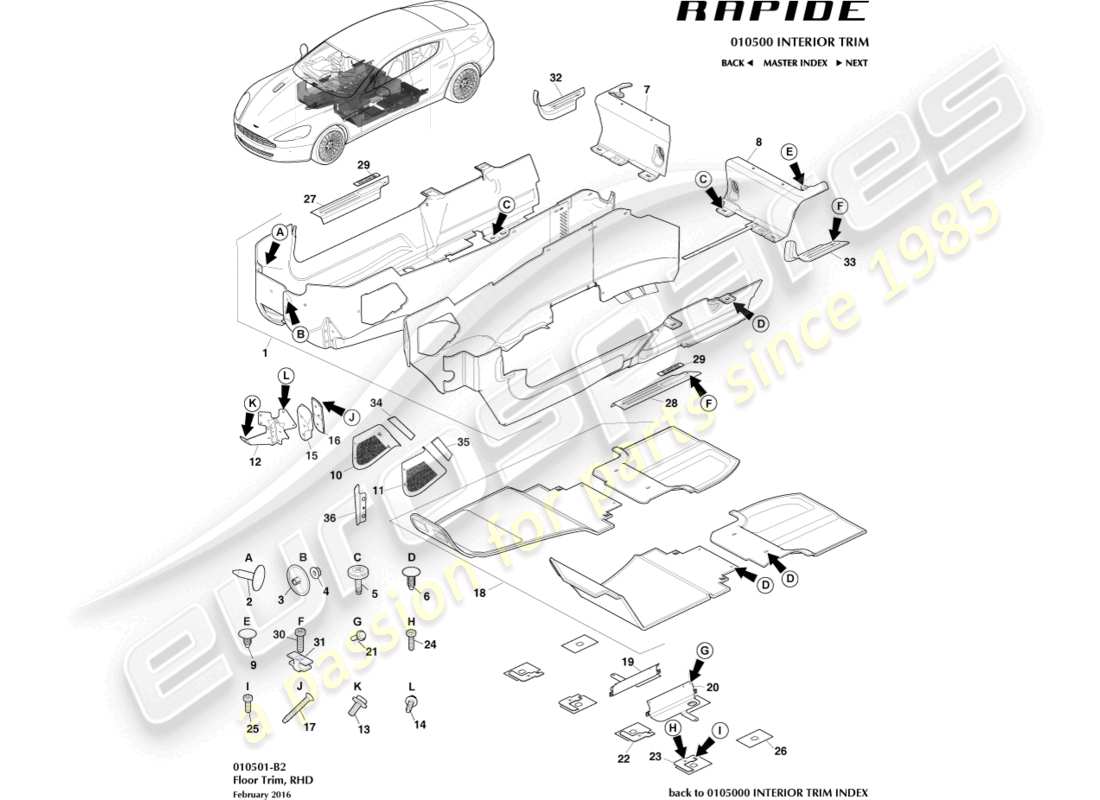 aston martin rapide (2011) hauptbodenverkleidung, rhd-ersatzteildiagramm