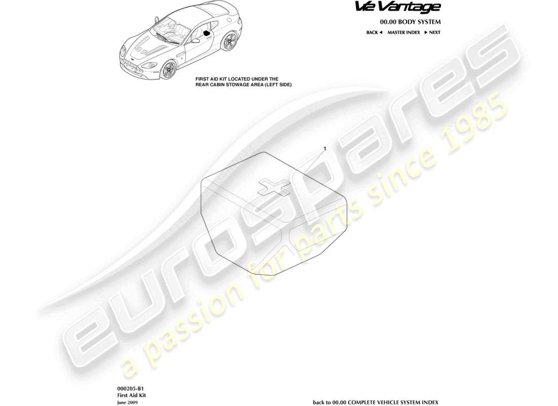 aston martin v12 vantage (2011) teilediagramm des erste-hilfe-kastens