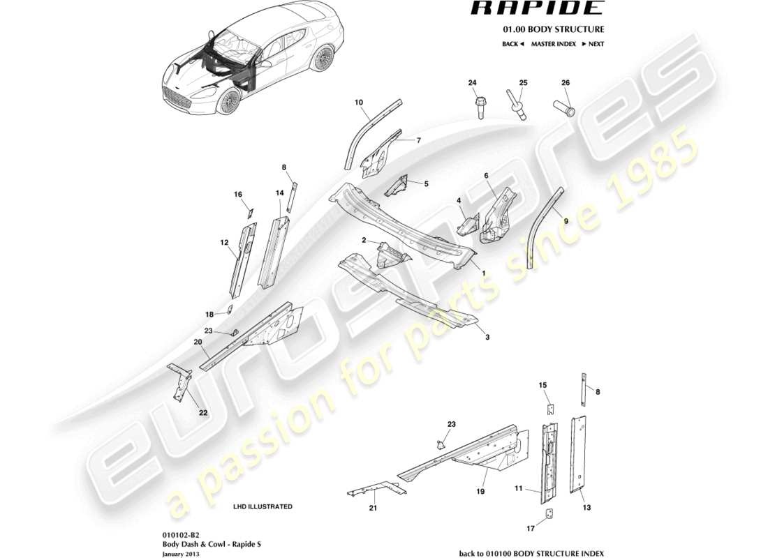 aston martin rapide (2011) karosserie, armaturenbrett und motorhaube, s-teilediagramm