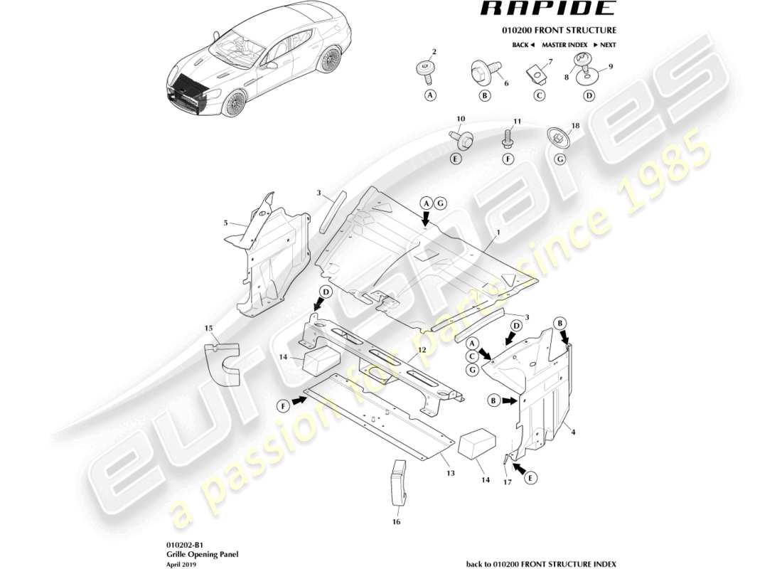 aston martin rapide (2011) teilediagramm für kühlergrillöffnungsplatte