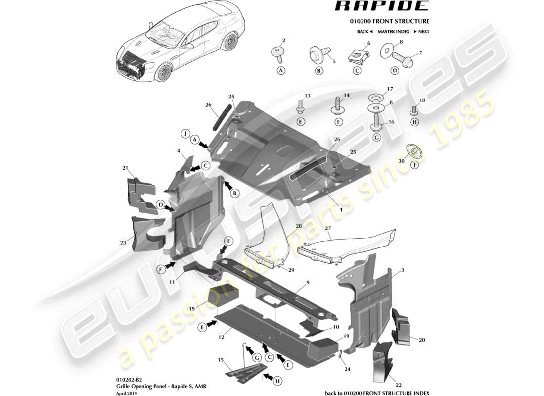 aston martin rapide (2011) kühlergrill-öffnungsplatte, s-teilediagramm