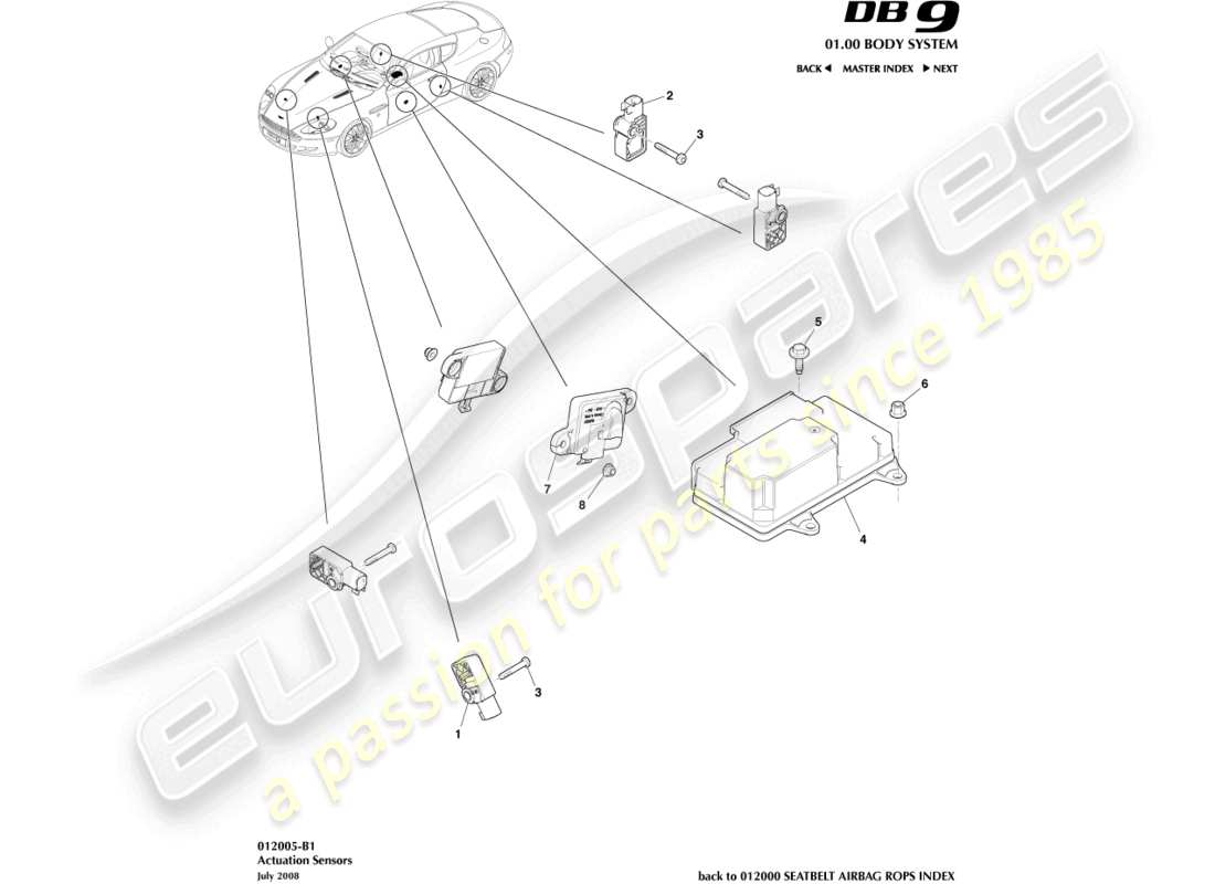 aston martin db9 (2006) teilediagramm für betätigungssensoren