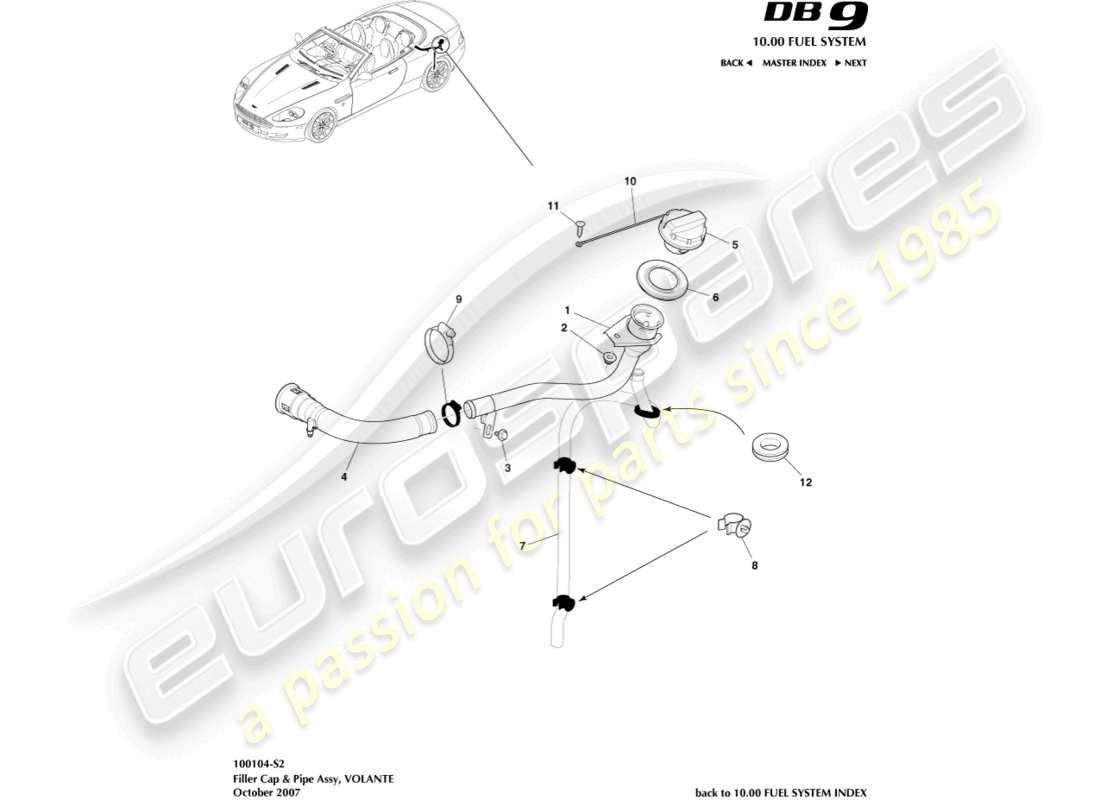 aston martin db9 (2007) tankdeckel und -rohr, volante-ersatzteildiagramm