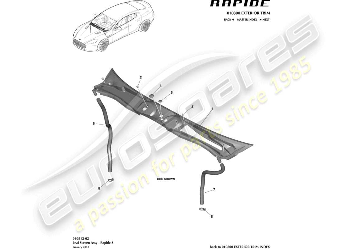 aston martin rapide (2016) blattsieb-teilediagramm