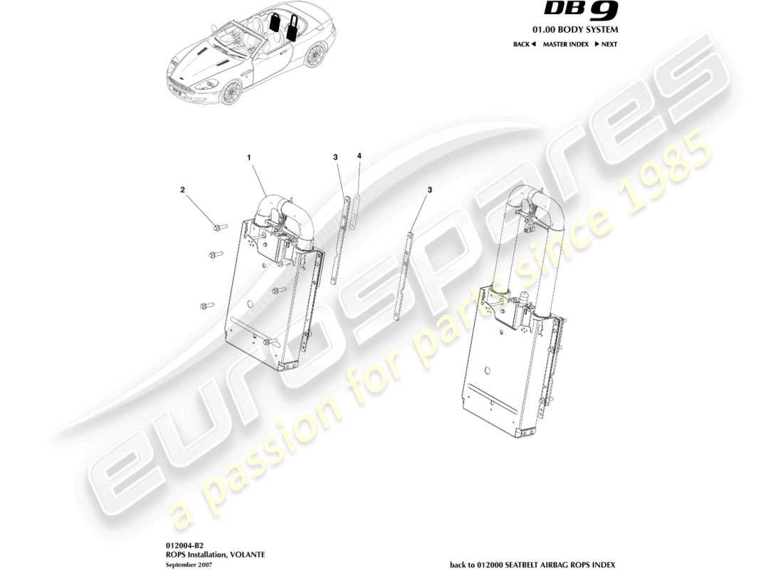 aston martin db9 (2011) rops-installation, volante-teilediagramm