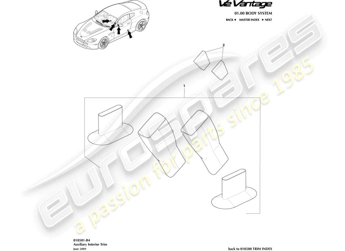 aston martin v12 vantage (2010) teilediagramm für zusatzinnenverkleidung