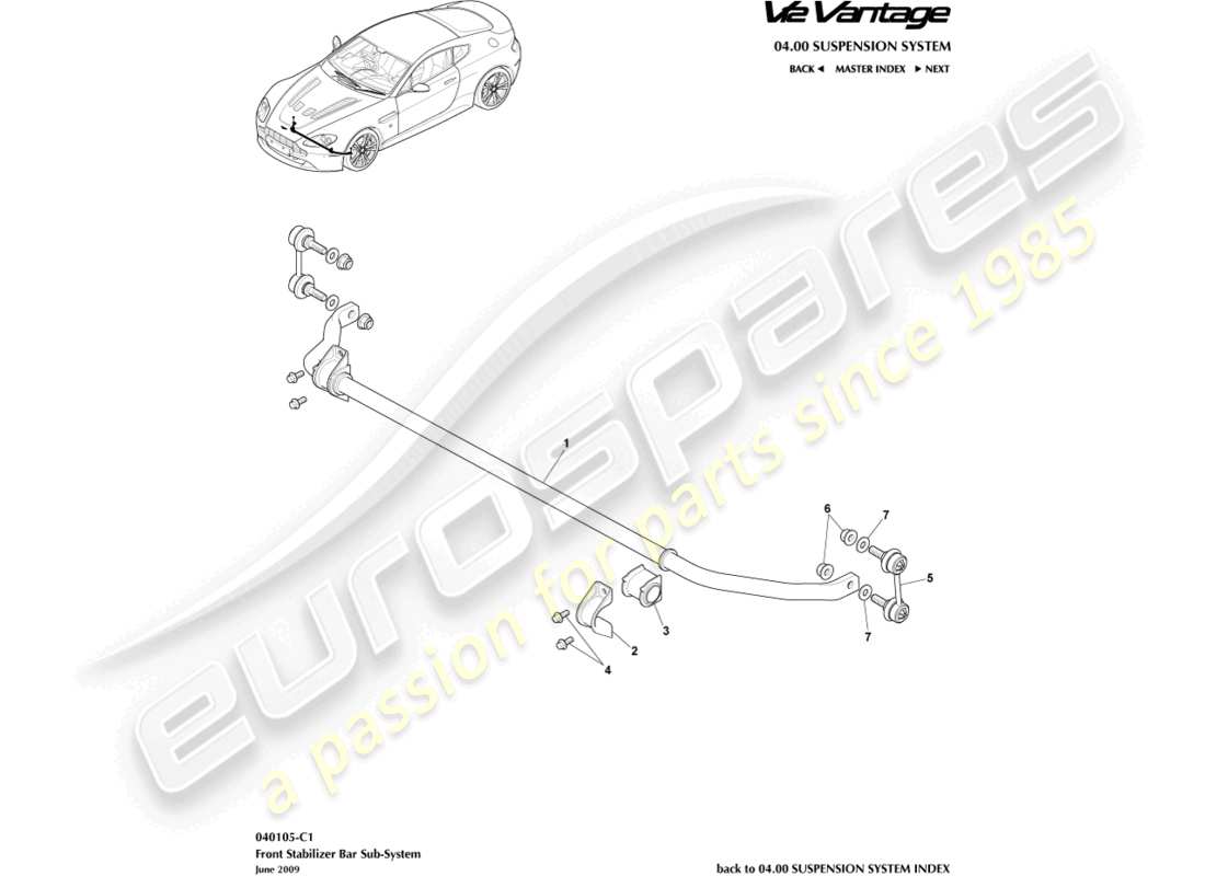 aston martin v12 vantage (2010) teilediagramm für vorderen stabilisator