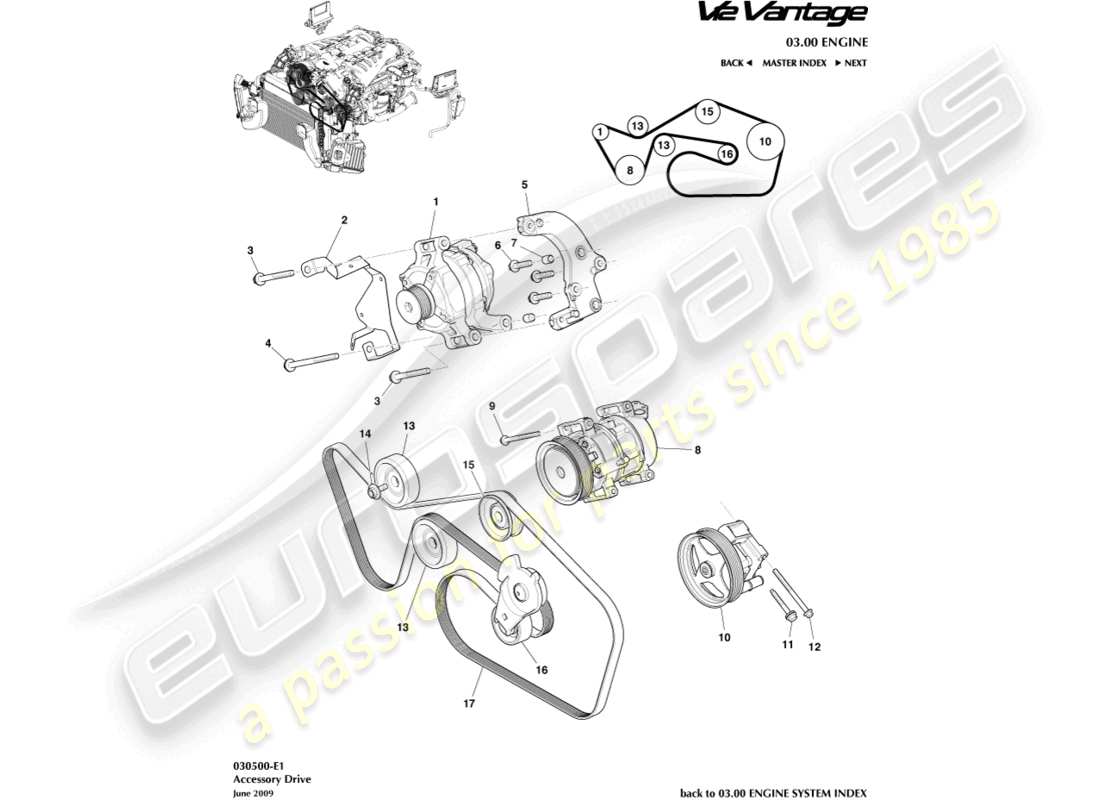 aston martin v12 vantage (2011) teilediagramm für zusatzantrieb