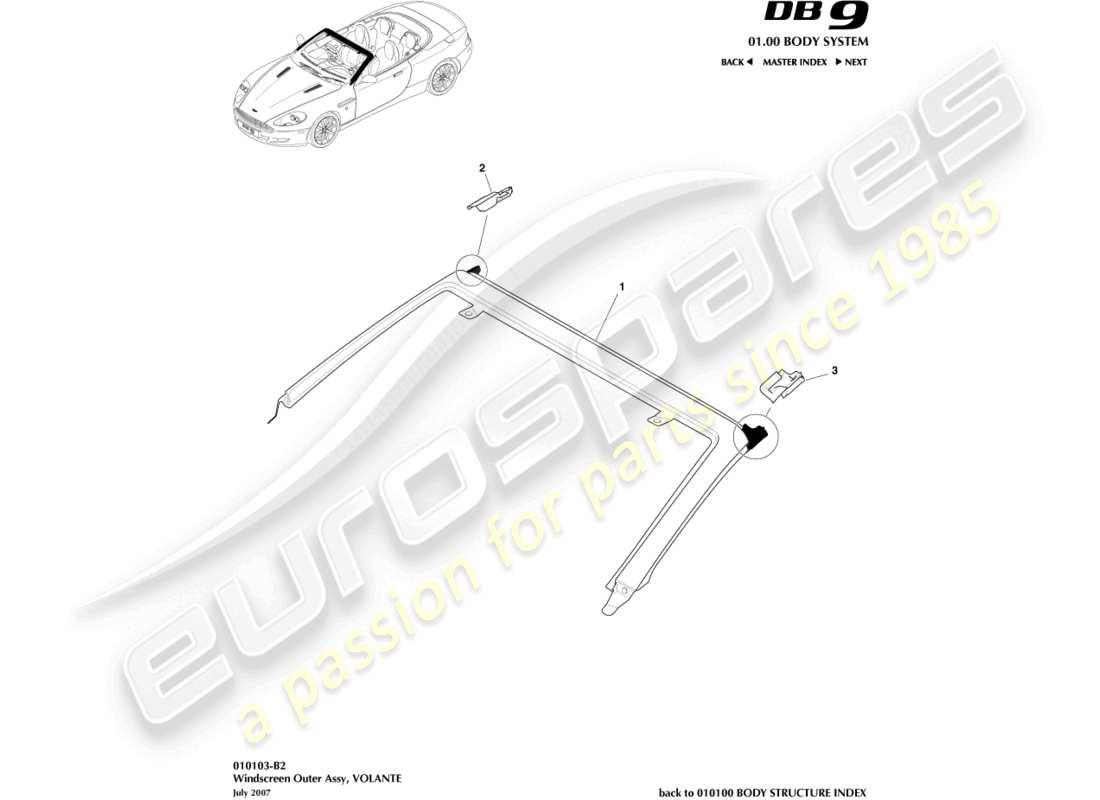 aston martin db9 (2011) windschutzscheibe, außen, volante teilediagramm