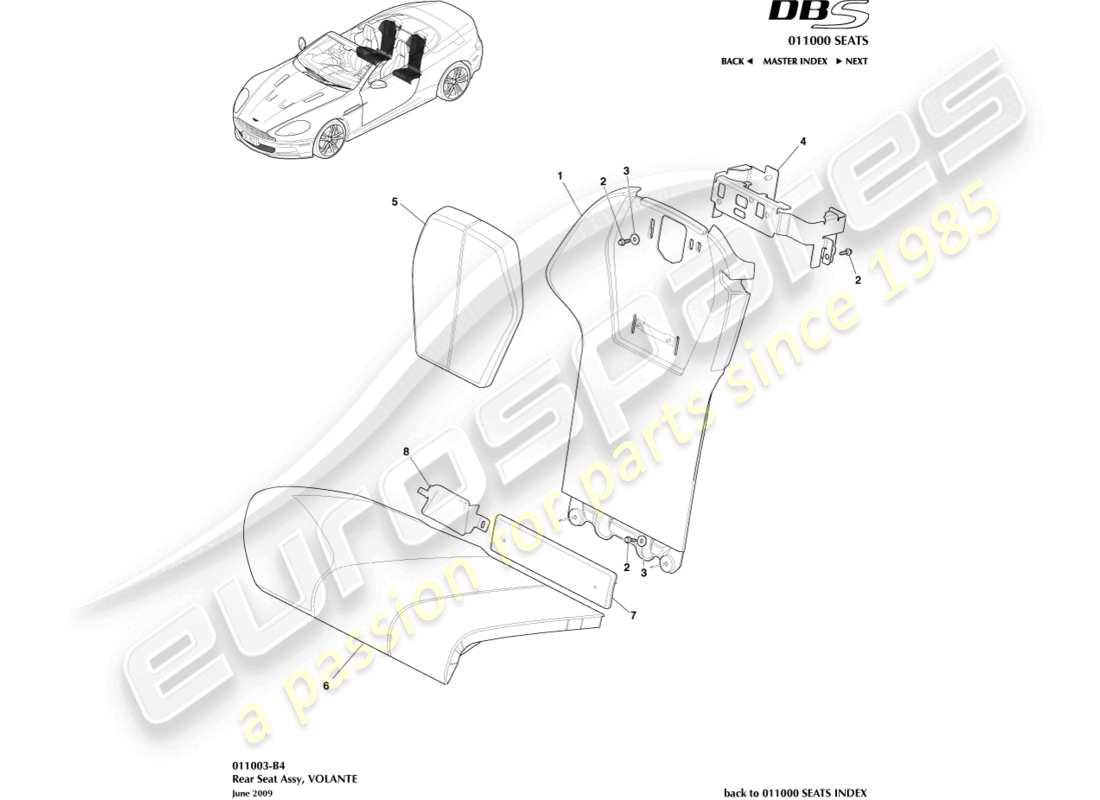 aston martin dbs (2010) rücksitz, volante-ersatzteildiagramm