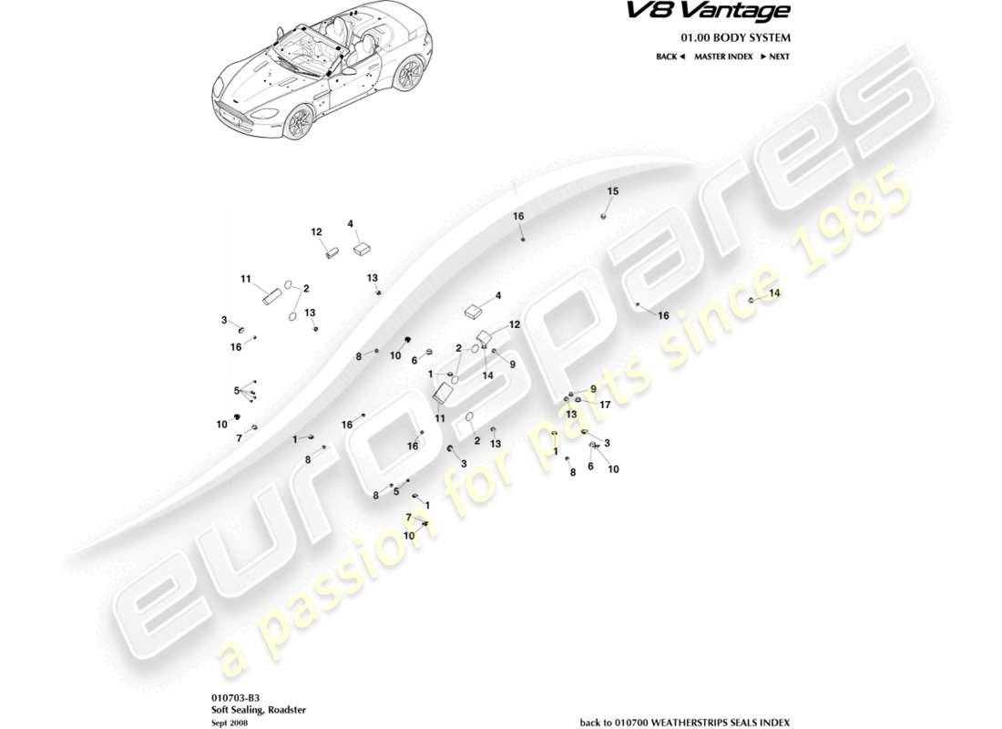 aston martin vantage gt8 (2017) weiche dichtung, roadster-ersatzteildiagramm