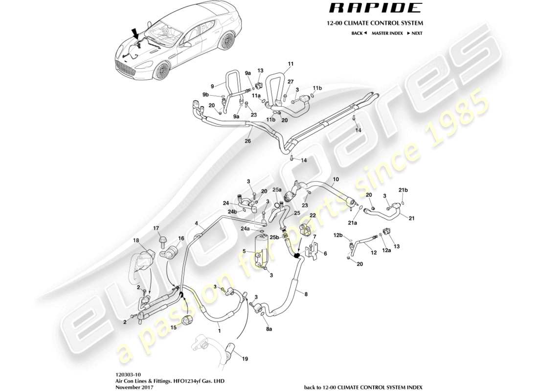 aston martin rapide (2011) klimaanlagenleitungen, hfo1234yf. lhd-teilediagramm