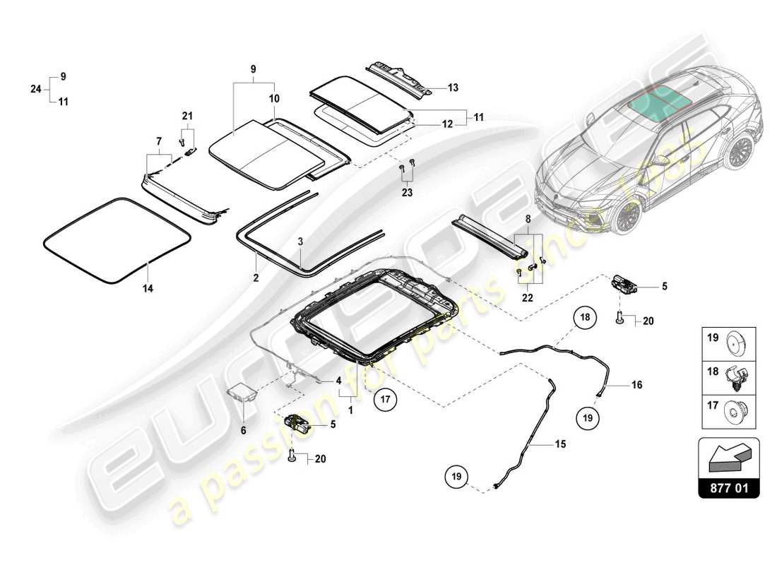 lamborghini urus (2020) glas-schiebedach-ersatzteildiagramm