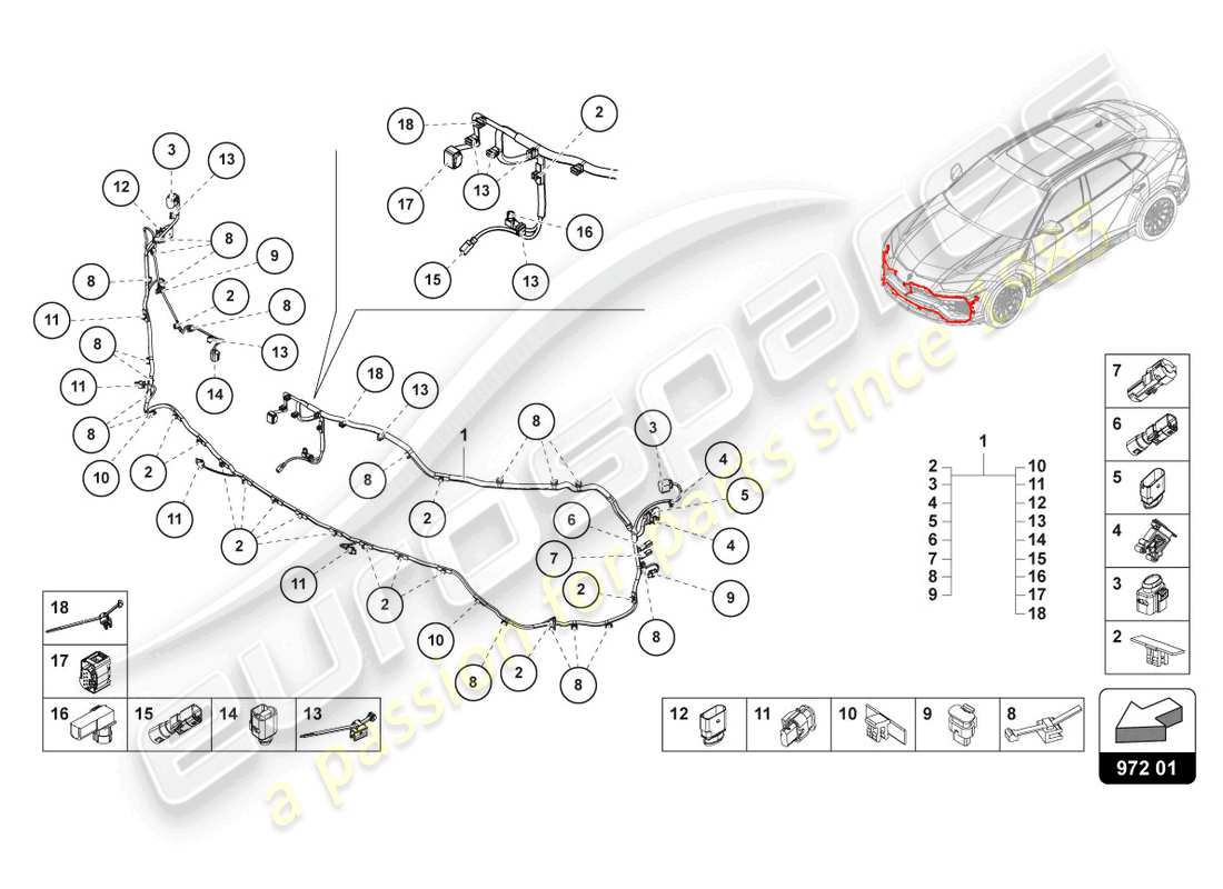 lamborghini urus (2020) kabelsatz für stoßstange vorne teilediagramm