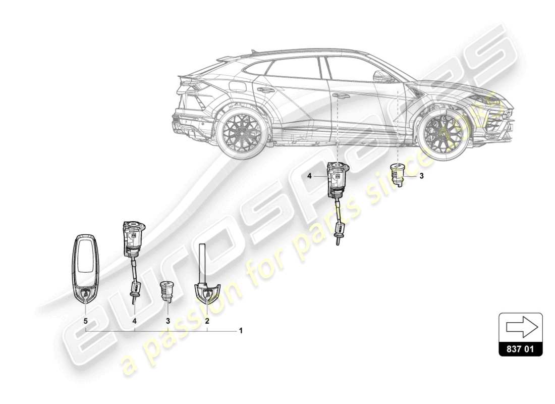 lamborghini urus (2020) hauptschlüssel mit transponder (klappbarer bar) ersatzteildiagramm