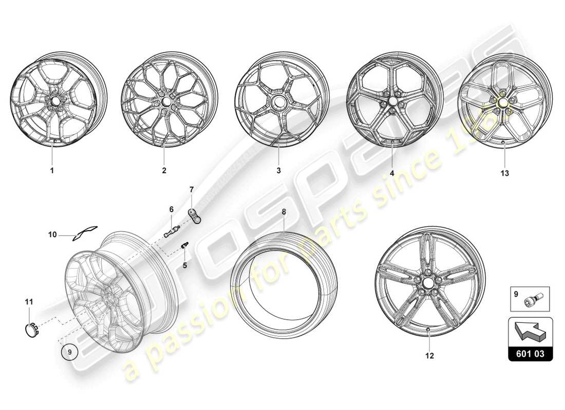 lamborghini evo spyder (2023) räder/reifen vorne teilediagramm