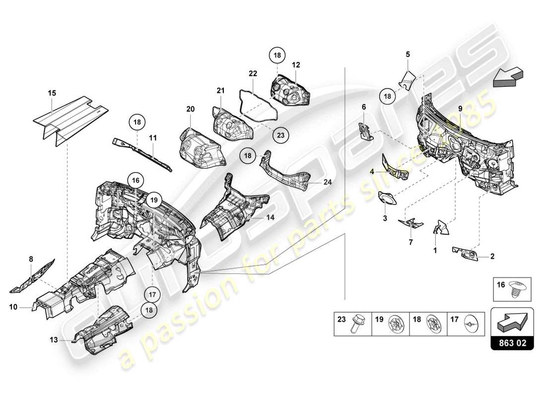 lamborghini urus (2021) schallabsorber für boden, trennwand und tunnel ersatzteildiagramm