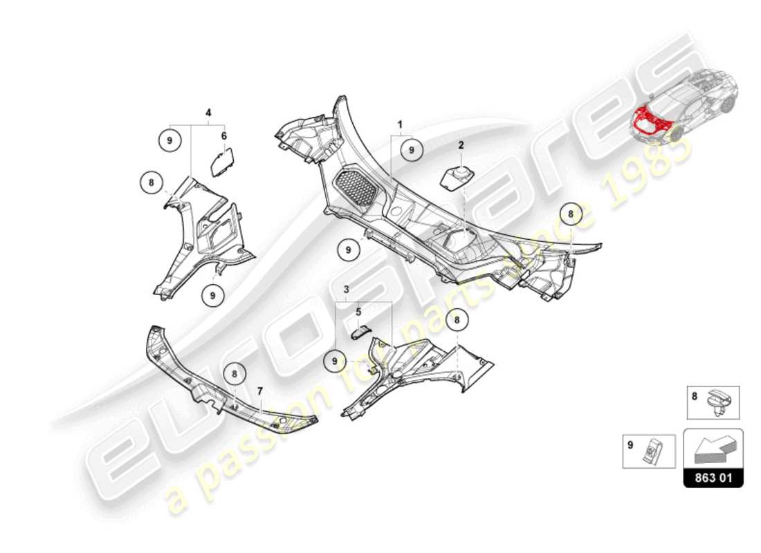 lamborghini revuelto coupe (2024) abdeckung für gepäckraum ersatzteildiagramm