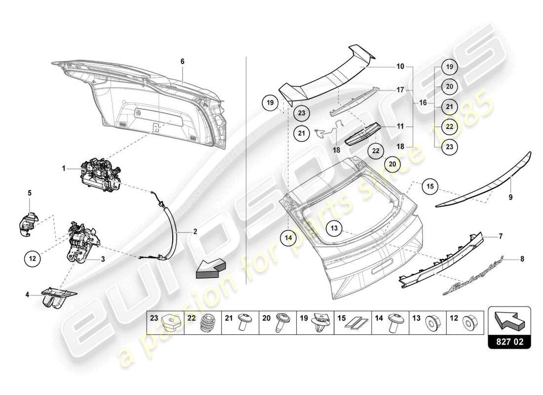 lamborghini urus (2022) hintere klappe hinten teilediagramm