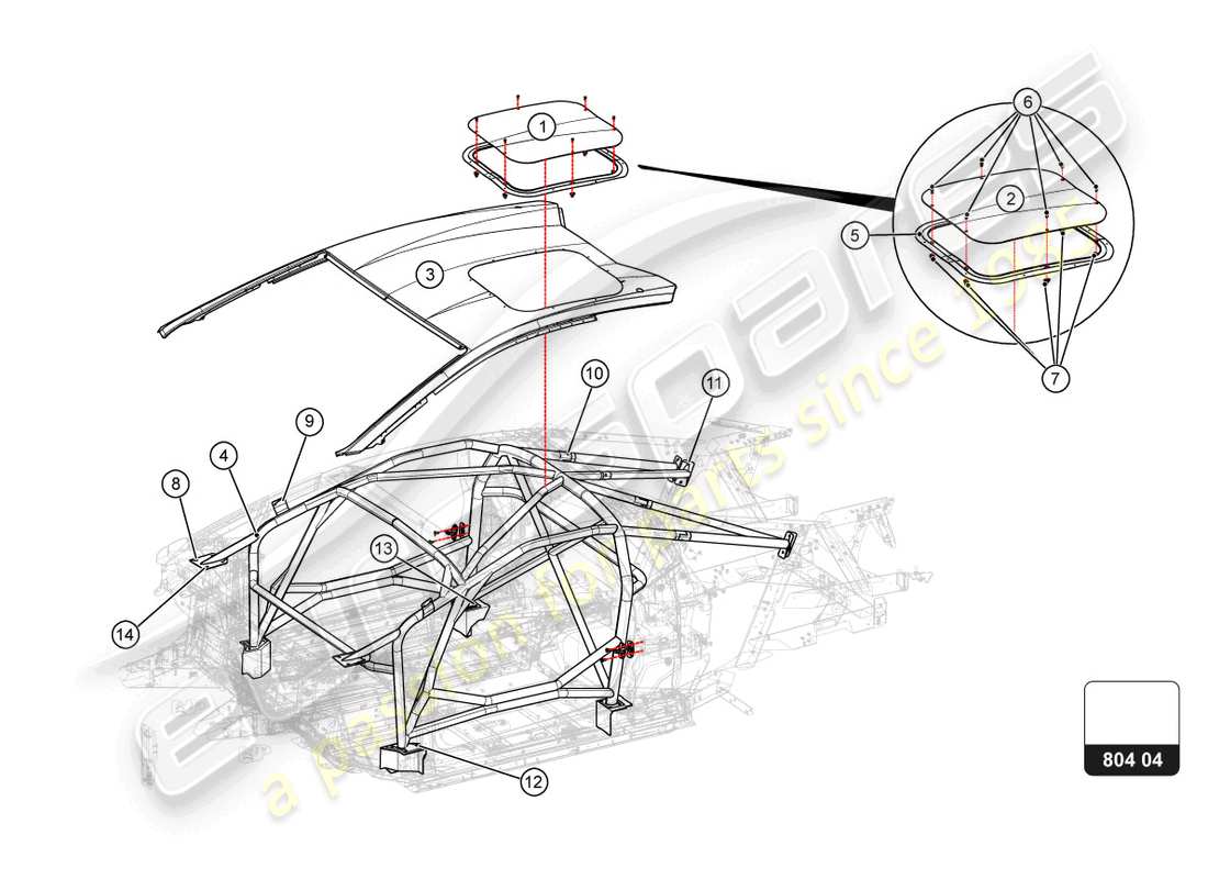 lamborghini super trofeo evo 2 (2022) cockpit und dach teilediagramm