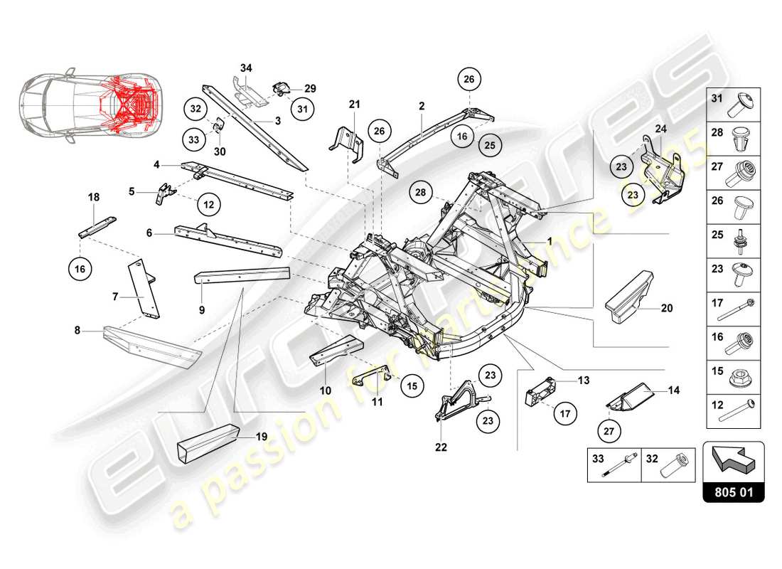 lamborghini evo spyder (2024) fahrgestell hinten, innen teilediagramm