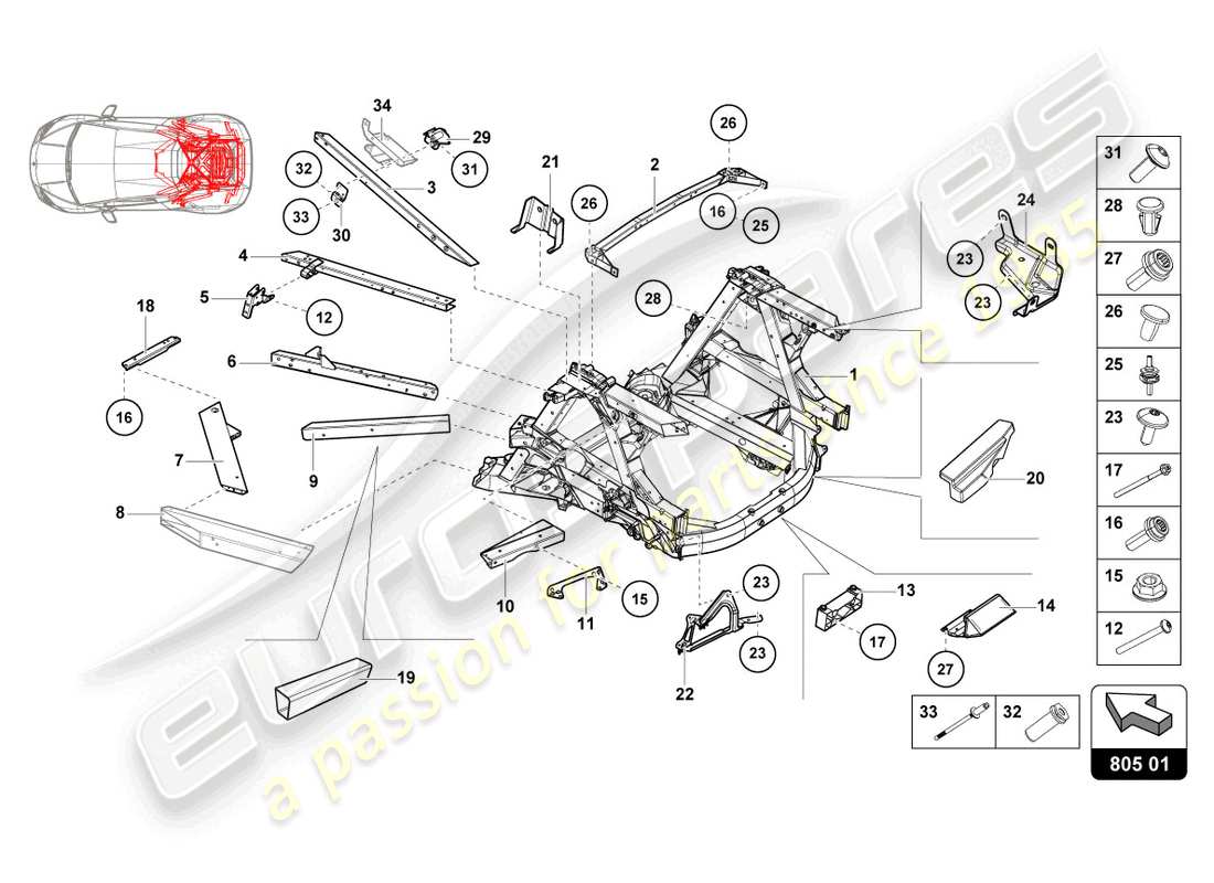 lamborghini evo spyder (2021) fahrgestell hinten, innen teilediagramm