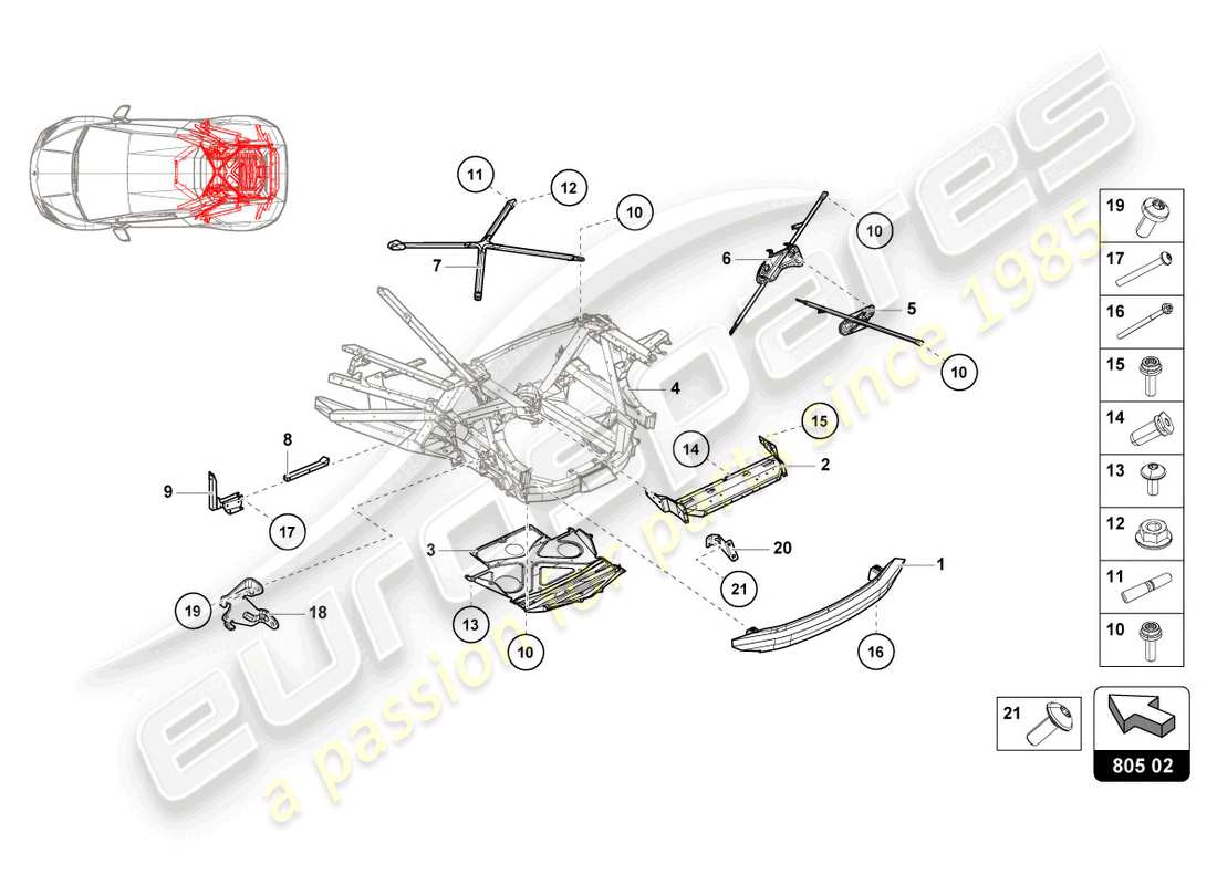 lamborghini evo coupe (2022) fahrgestell hinten, aussen teilediagramm