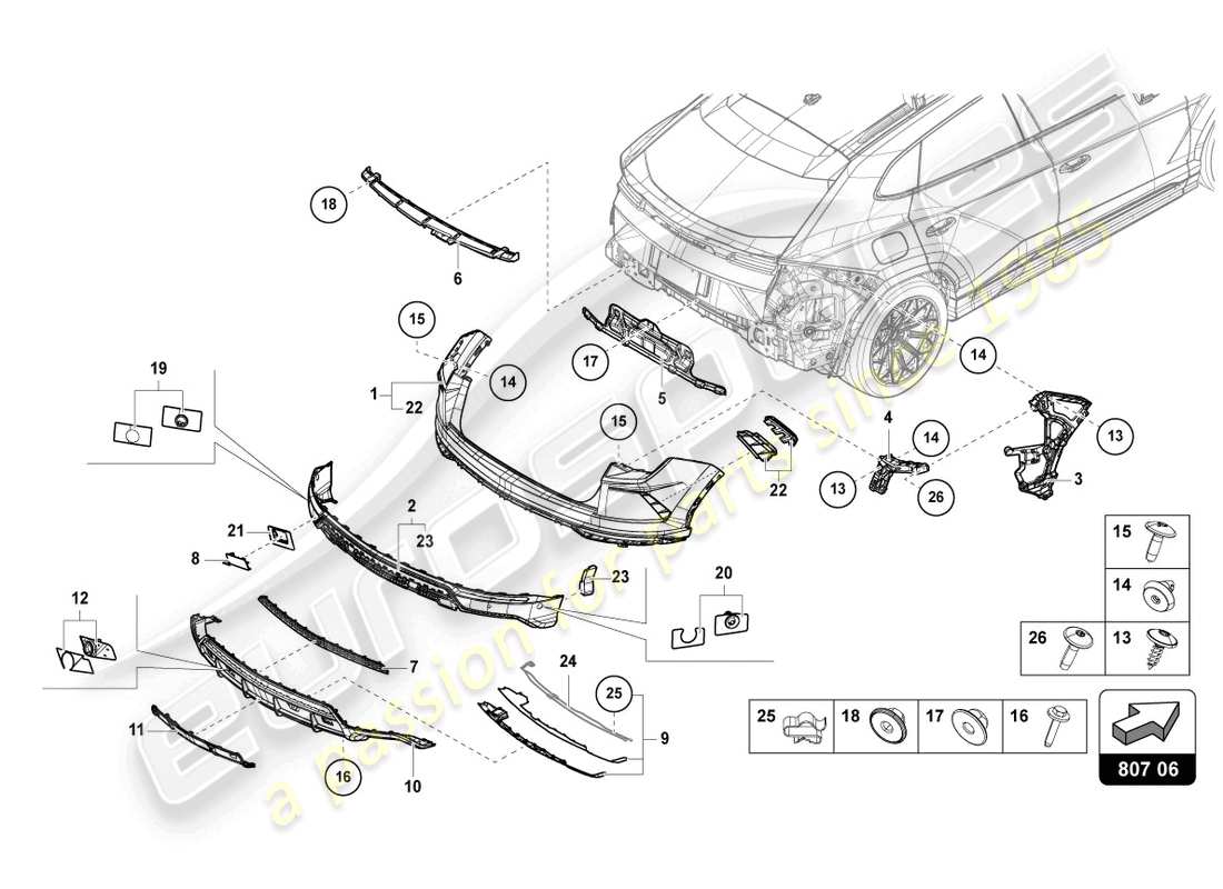 lamborghini urus s (2023) stoßstange, komplett hinten, ersatzteildiagramm