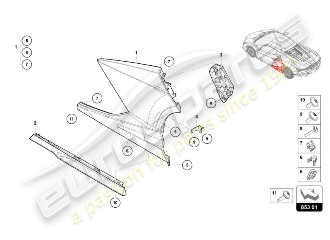 lamborghini revuelto coupe (2024) unteres äußeres seitenteil für radkasten ersatzteildiagramm