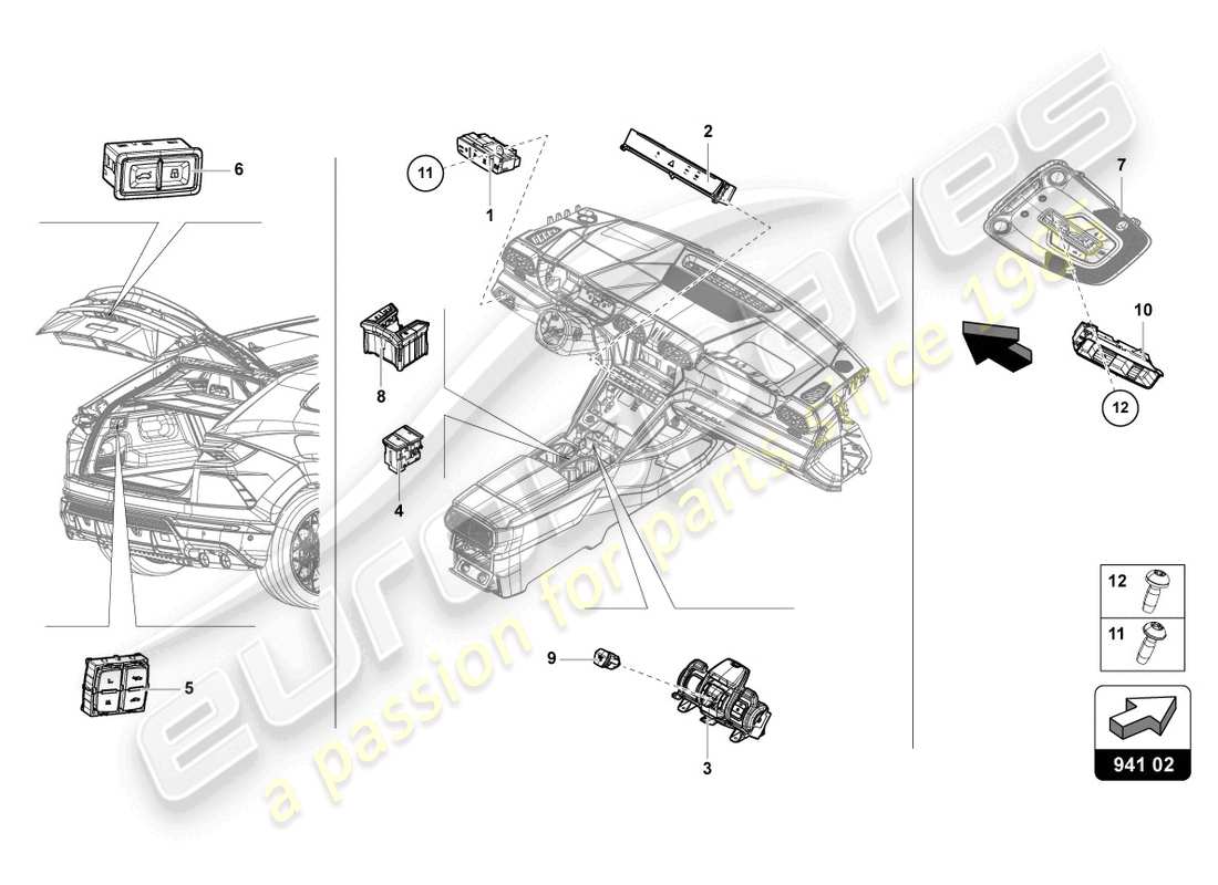 lamborghini urus (2020) bedienfeld mit drucktasten ersatzteildiagramm