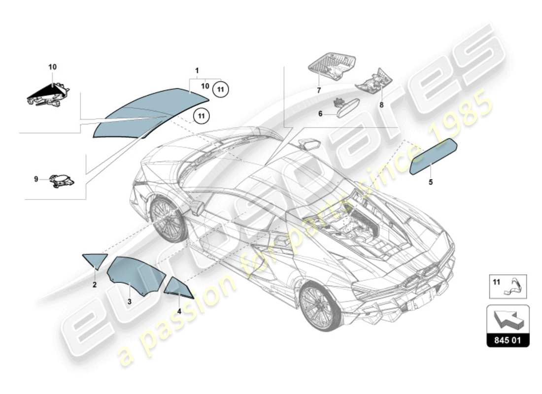 lamborghini revuelto coupe (2024) fenstergläser ersatzteildiagramm